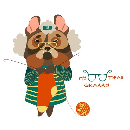 Vector cute dog grandmother kniting woolen socksのイラスト素材