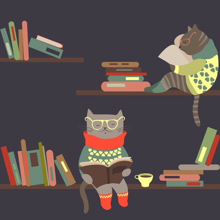 Vector cute cats reading books on bookshelvesのイラスト素材