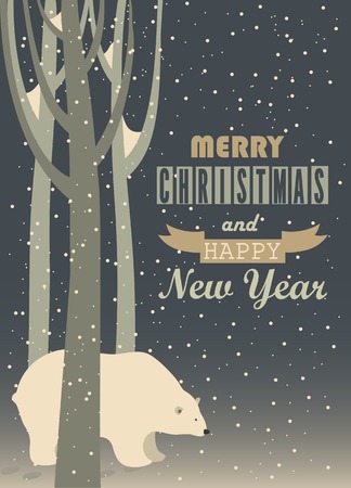 Vector greeting card, polar bear in the forestのイラスト素材