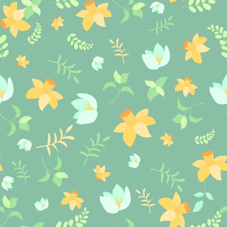 Seamless spring flower pattern on green backgroundのイラスト素材