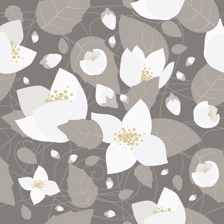 Seamless monochrome flower pattern on gray backgroundのイラスト素材