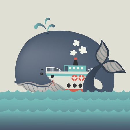 Whale and steamship in blue sea . Vector illustrationのイラスト素材