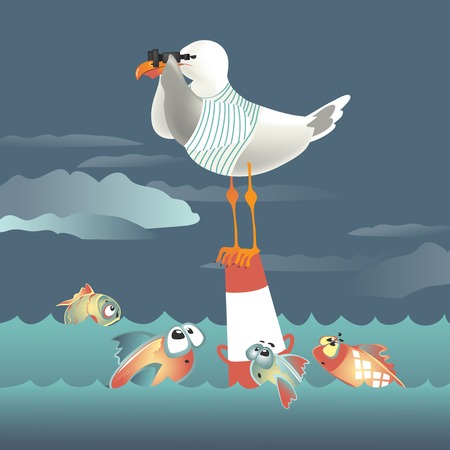 Seagull standing on the buoy and looking through binoculars. Vector illustrationのイラスト素材