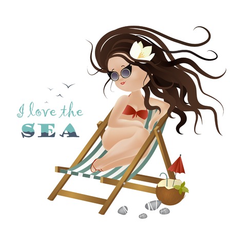 Beautiful girl sitting in a deckchair. Vector illustrationのイラスト素材