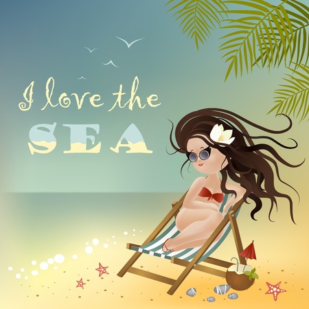 Beautiful girl sitting in a deckchairのイラスト素材