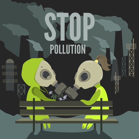 Illustration of couple in love sitting at bench in dirty environmentのイラスト素材