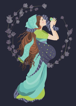 Beautiful pregnant woman with flowers. Vector illustrationのイラスト素材