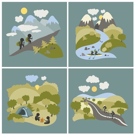 Set of vector lat style outdoor leisure pictures. Journey by kayak, cycling trip and mountain hiking.のイラスト素材