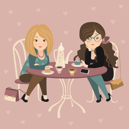 Two fashion girls chatting at a cafe. Vector illustrationのイラスト素材
