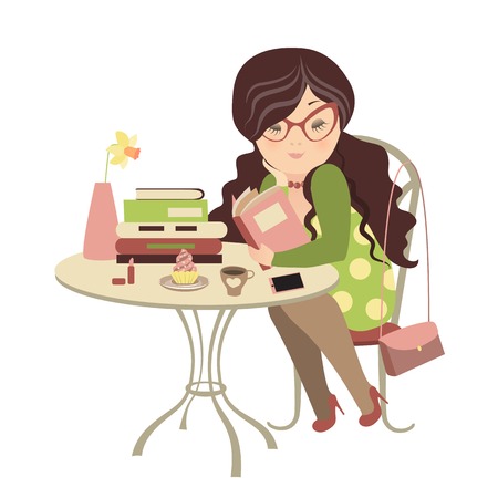 Girl having coffee and reading a book. Vector illustrationのイラスト素材