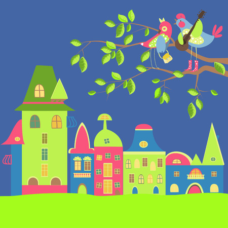 Spring cityscape with birds in love. Vector illustrationのイラスト素材