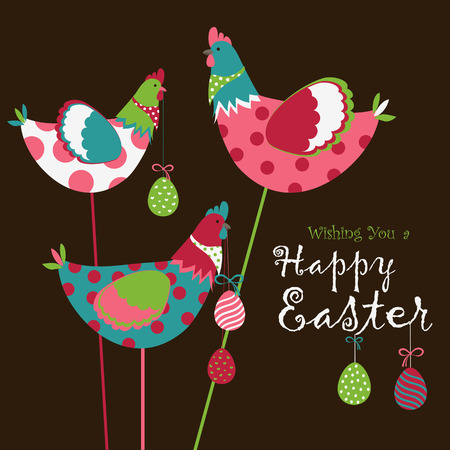 Easter chicken with easter eggs. Vector illustrationのイラスト素材