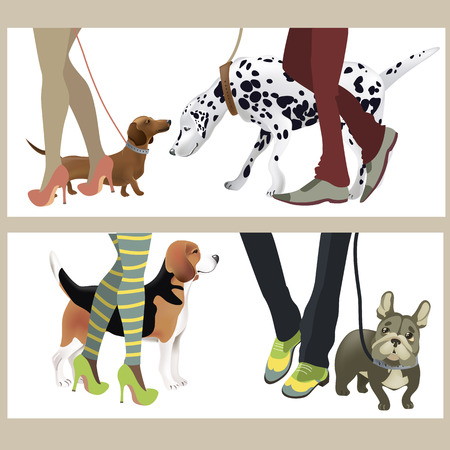 Cute dogs with their owners. Vector illustrationのイラスト素材