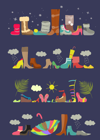 Collection of various shoes. Four seasons. Vector illustrationのイラスト素材