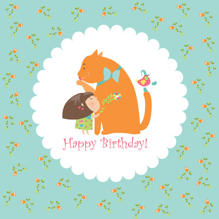 Little girl hugging her kitten. Vector greeting cardのイラスト素材