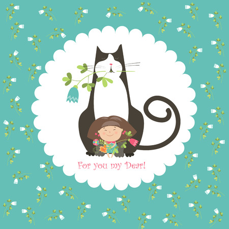 Little girl and her cat. Vector greeting cardのイラスト素材