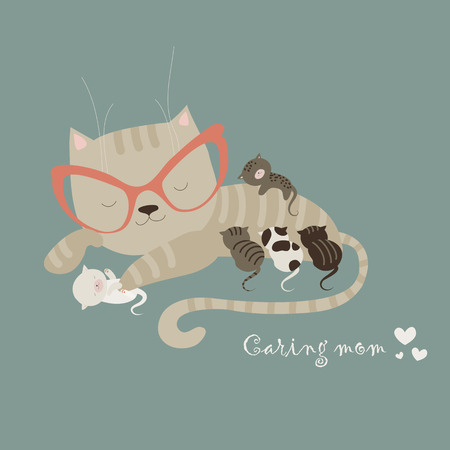 Cute cat with little kittens. Vector illustrationのイラスト素材