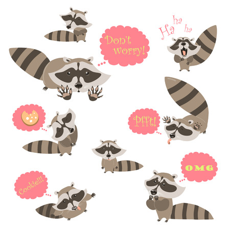 Collection of funny raccoons. Vector isolated illustrationのイラスト素材