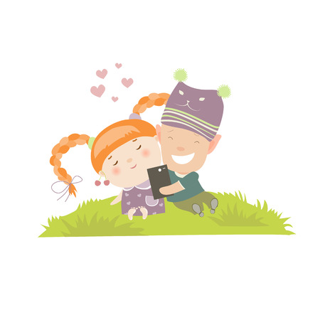 Young couple making self-portrait. Vector isolated illustrationのイラスト素材