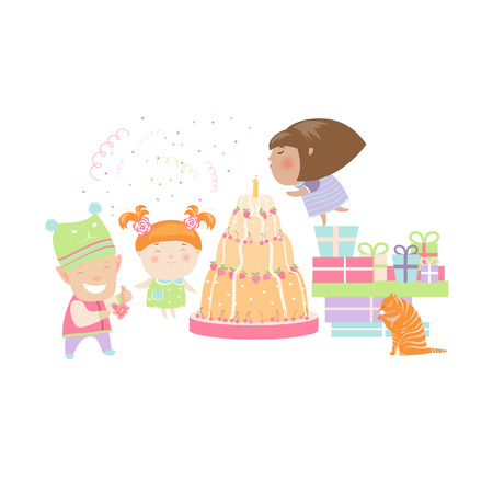 Kids celebrating Birthday with gifts and cake. Vector isolated illustrationのイラスト素材