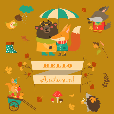 Cartoon characters and autumn elements. Vector collectionのイラスト素材