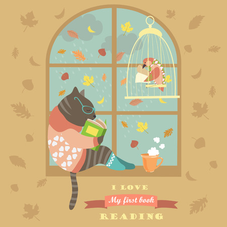 Funny cat reading by the window. のイラスト素材