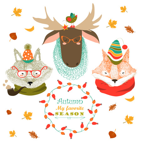 Set of cute animals faces. Wolf,fox,elk in autumn clothesのイラスト素材