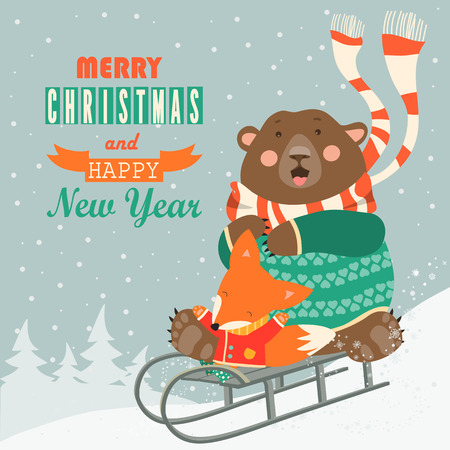 Frightened bear and happy fox rolling down a hill on sleds. Vector greeting cardのイラスト素材