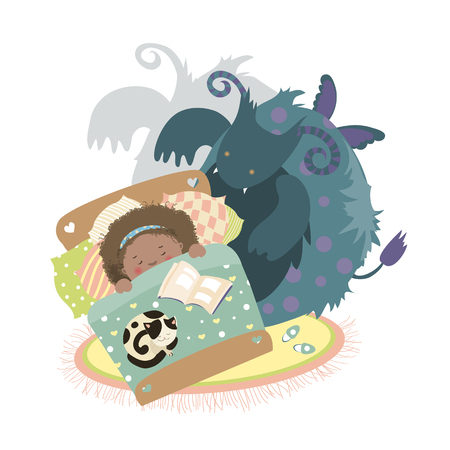 Monster sits at bed and frightened girl. Vector illustrationのイラスト素材