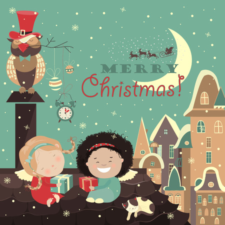Little angels on the roof of celebrating Christmas. のイラスト素材