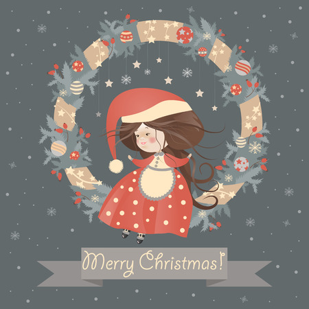 Cute lady christmas in wreath. Vector christmas cardのイラスト素材