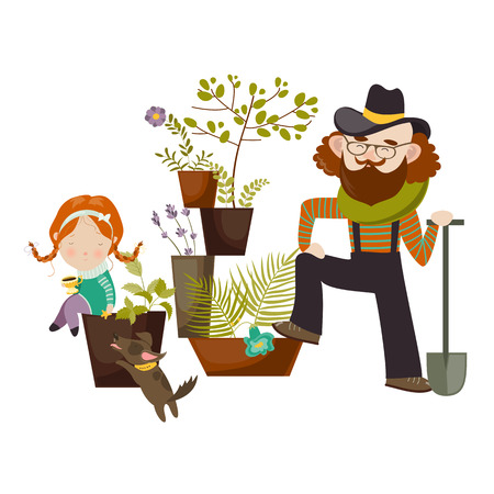 Father and daughter planting in the garden together. illustrationのイラスト素材