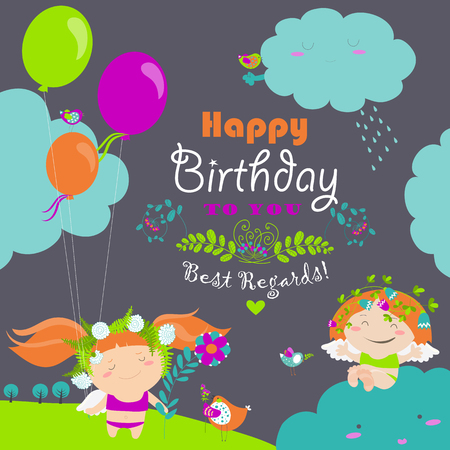 birthday card with cute little angelsのイラスト素材