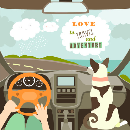 Owner having a car trip with their dog. illustrationのイラスト素材