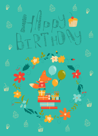 Happy birthday card with cute fox. illustrationのイラスト素材