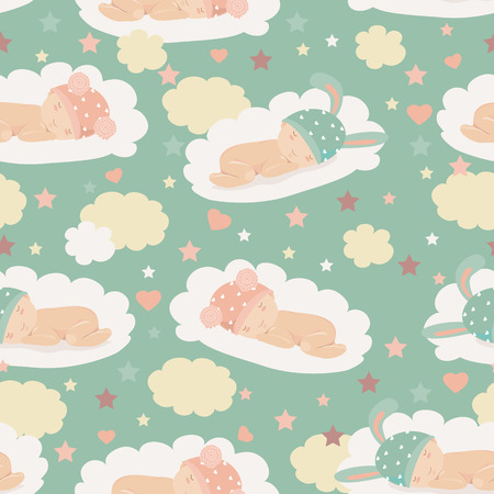 Vector cute babies on clouds seamless patternのイラスト素材