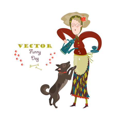 Cheerful elderly woman with funny dog. Vector illustrationのイラスト素材