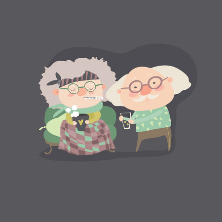 Grandfather giving his care to sick grandmother. vector illustrationのイラスト素材