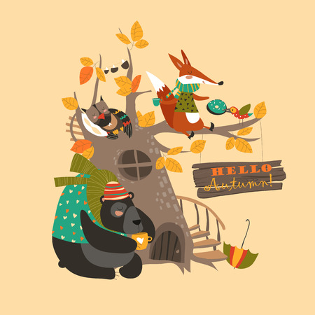 Funny animals on the autumn tree. Vector illustrationのイラスト素材