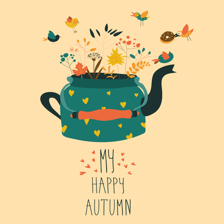 Cute teapot with autumn herbs and birds. Vector illustrationのイラスト素材