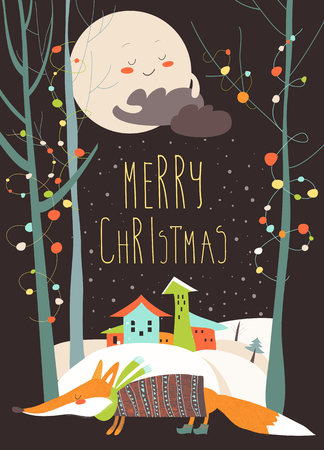 Christmas greeting card with fox and town in snowdriftsのイラスト素材