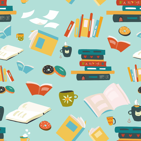 Vector seamless pattern with books and cupsのイラスト素材