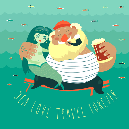 Funny old sailor with cute mermaid. Vector illustrationのイラスト素材
