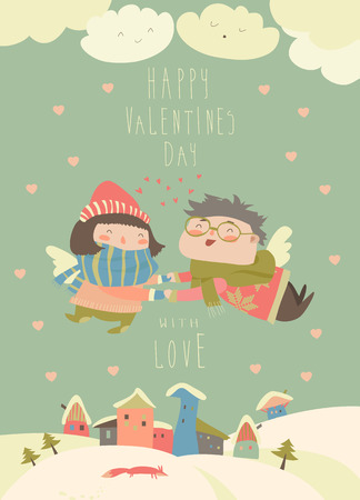 Stylish Valentines card in vector. Cute couple of angels flying above the housesのイラスト素材
