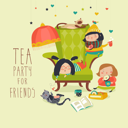 Group of Friends Having a Tea Party. Vector illustrationのイラスト素材
