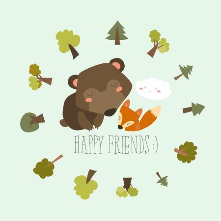 Happy friends in the forest. Bear,fox in blueのイラスト素材