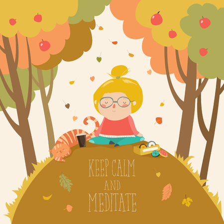 Cute girl practicing yoga in autumn parkのイラスト素材