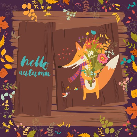 Lovely autumn card with a fox and flowersのイラスト素材
