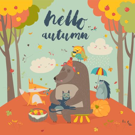 Hello autumn background with cute animalsのイラスト素材