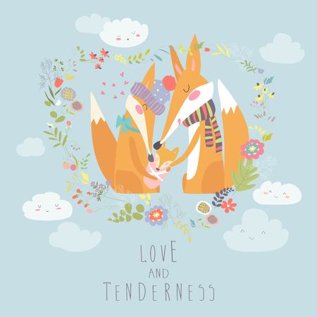Loving fox family as a shape of a heart. Mother, father and baby child. Vector greeting cardのイラスト素材